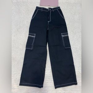 Current Mood Black Wide Leg Cargo Pants with White Stitching
